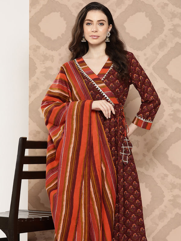 Kalini Floral Printed Angrakha Sequinned Pure Cotton Kurta with Palazzos & Dupatta - Distacart