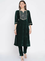 Thumbnail for Women Republic Green Velvet Embroidered Kurta With Pant - Distacart