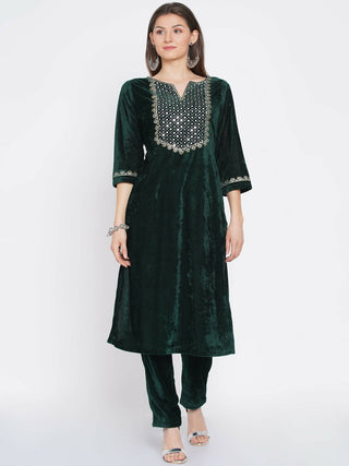Women Republic Green Velvet Embroidered Kurta With Pant - Distacart