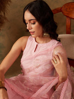Thumbnail for Sangria Pink Floral Embroidered Sequinned Net Saree - Distacart
