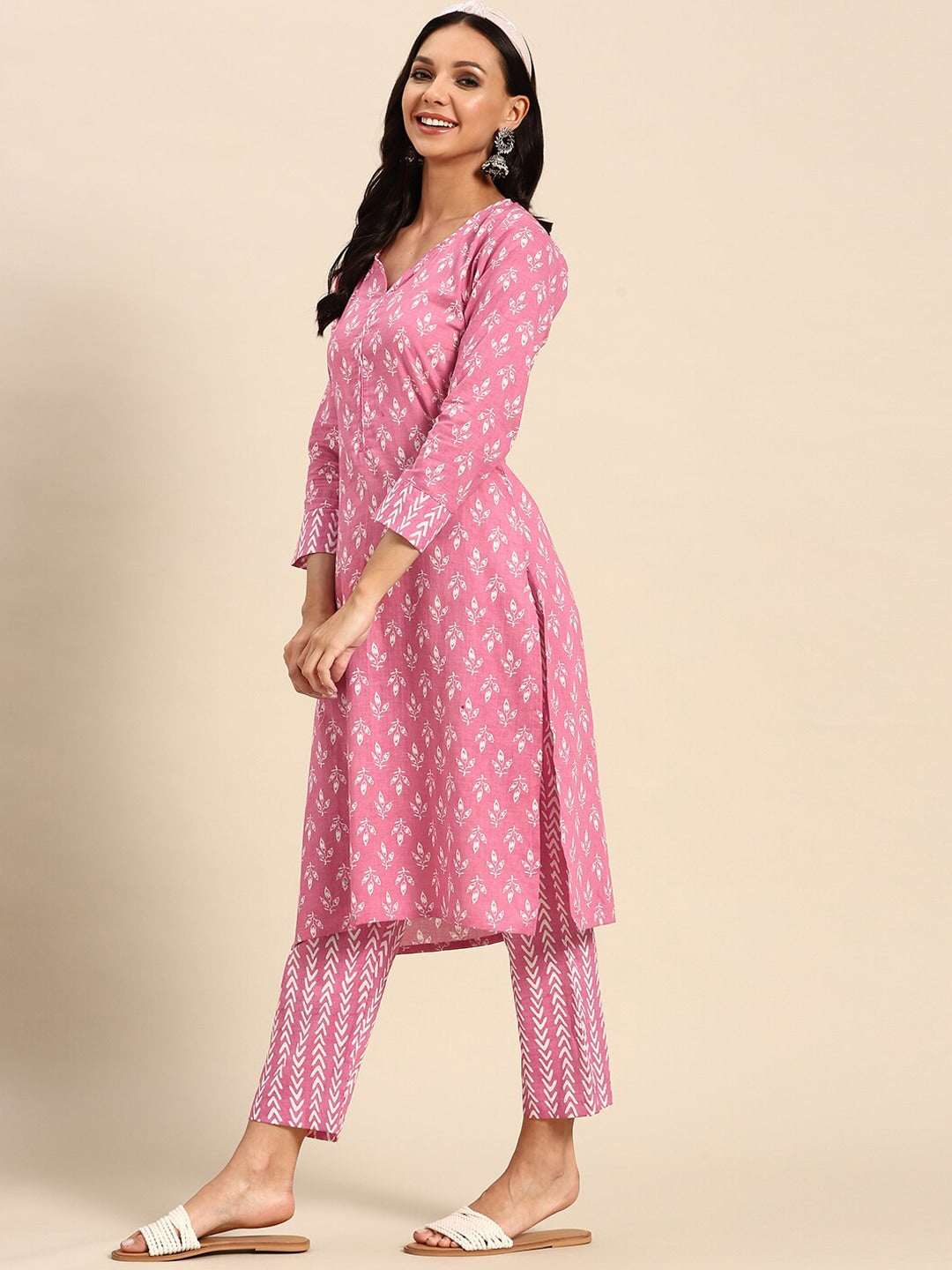 Sangria Pink Ethnic Motifs Printed V-Neck Pure Cotton Straight Kurta With Trouser - Distacart