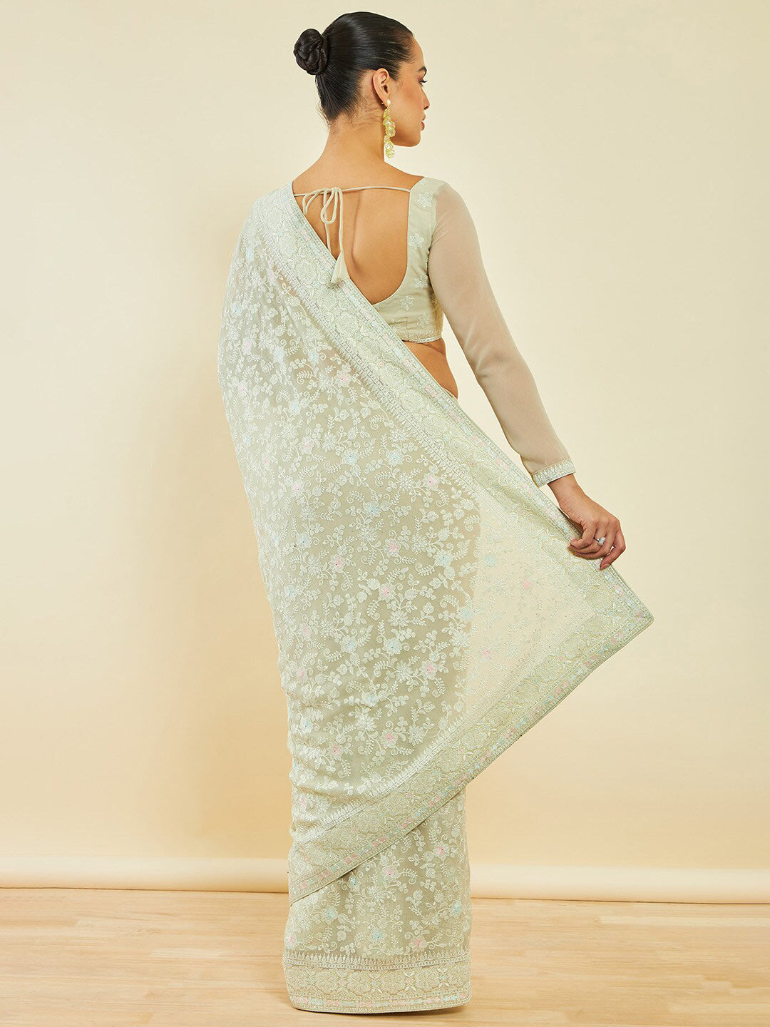 Soch Green Floral Embroidered Beads and Stones Detailed Saree - Distacart