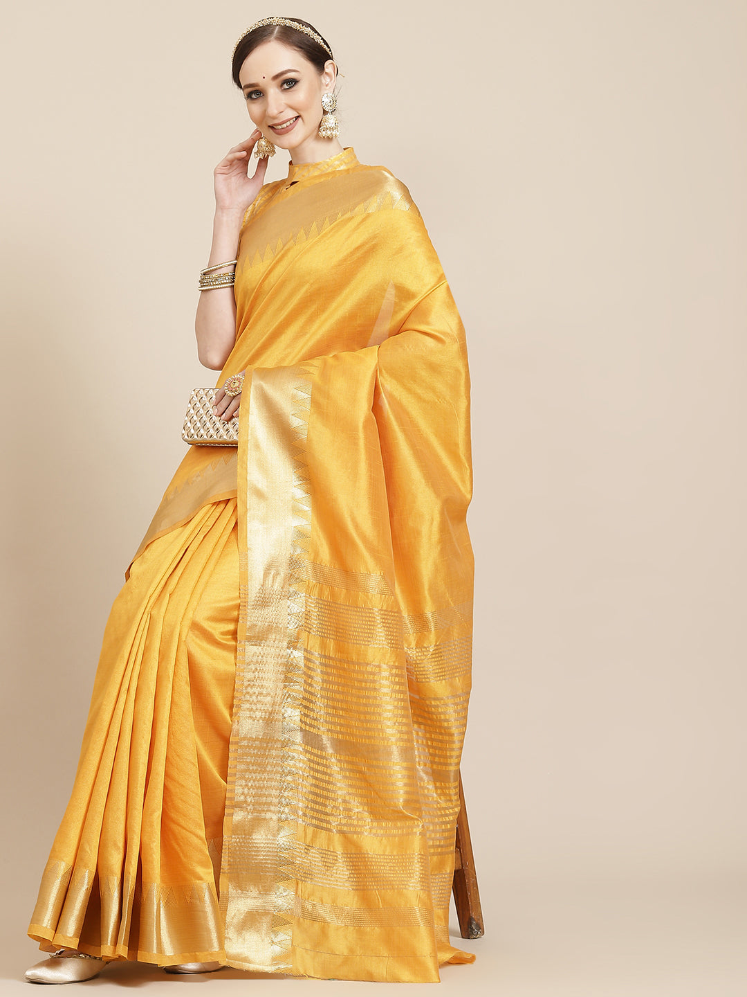 Kalini Yellow & Golden Woven Design Saree - Distacart