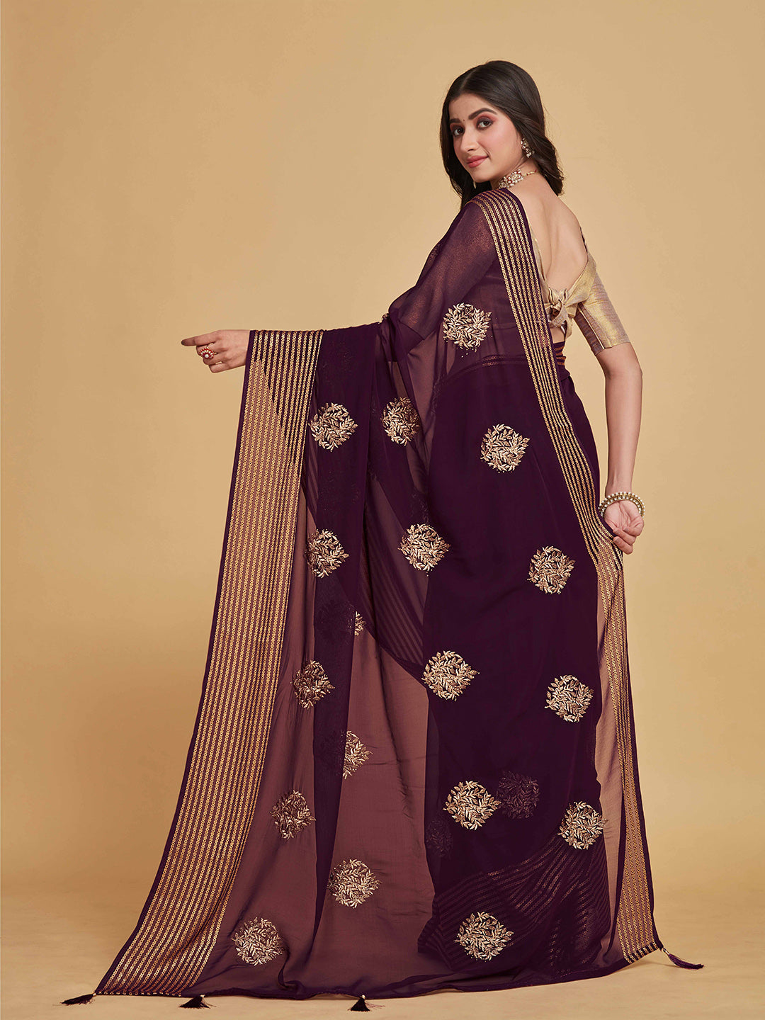 Sangria Coffee Brown Ethnic Motifs Embroidered Zari Pure Georgette Saree - Distacart