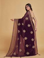 Thumbnail for Sangria Coffee Brown Ethnic Motifs Embroidered Zari Pure Georgette Saree - Distacart