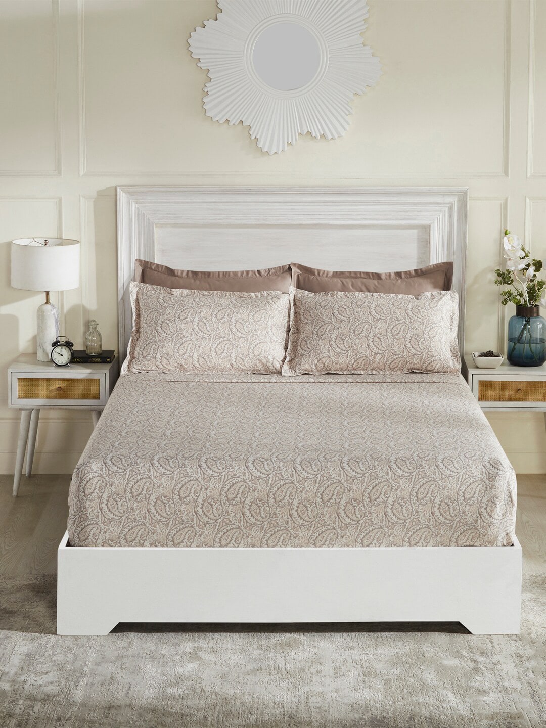 MYTRIDENTBeige White Ethnic Motifs 100% Cotton 400 TC King Bedsheet with 4 Pillow Covers - Distacart