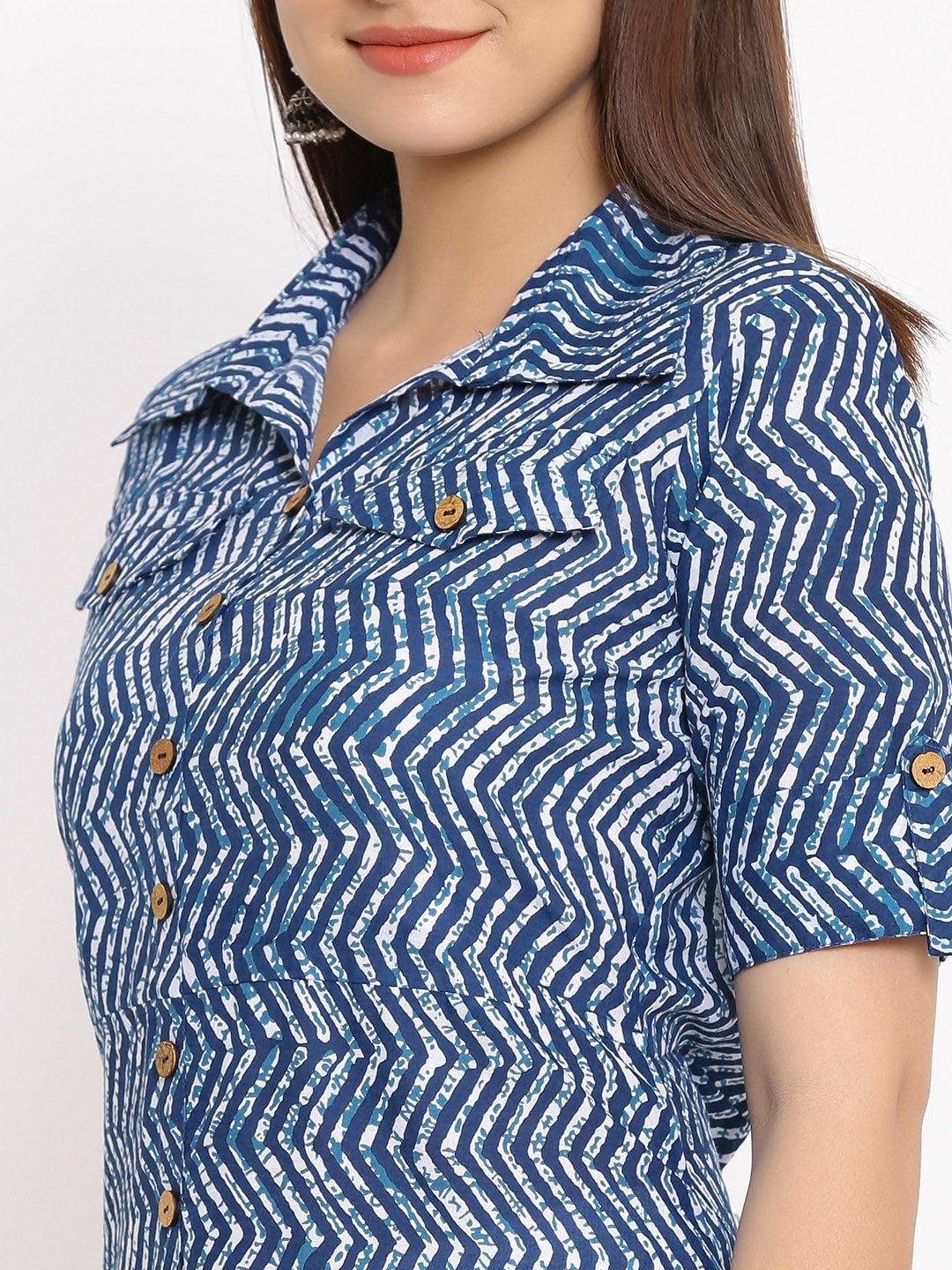 HERE&NOW Blue & White Shirt Collar Chevron Printed A-Line Kurta - Distacart