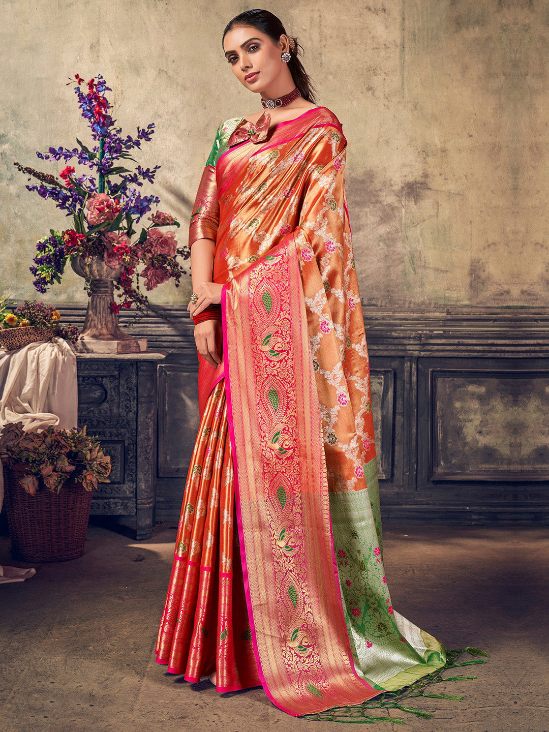 Sangria Rust Ethnic Woven-Designed Festive Saree With Blouse Piece - Distacart