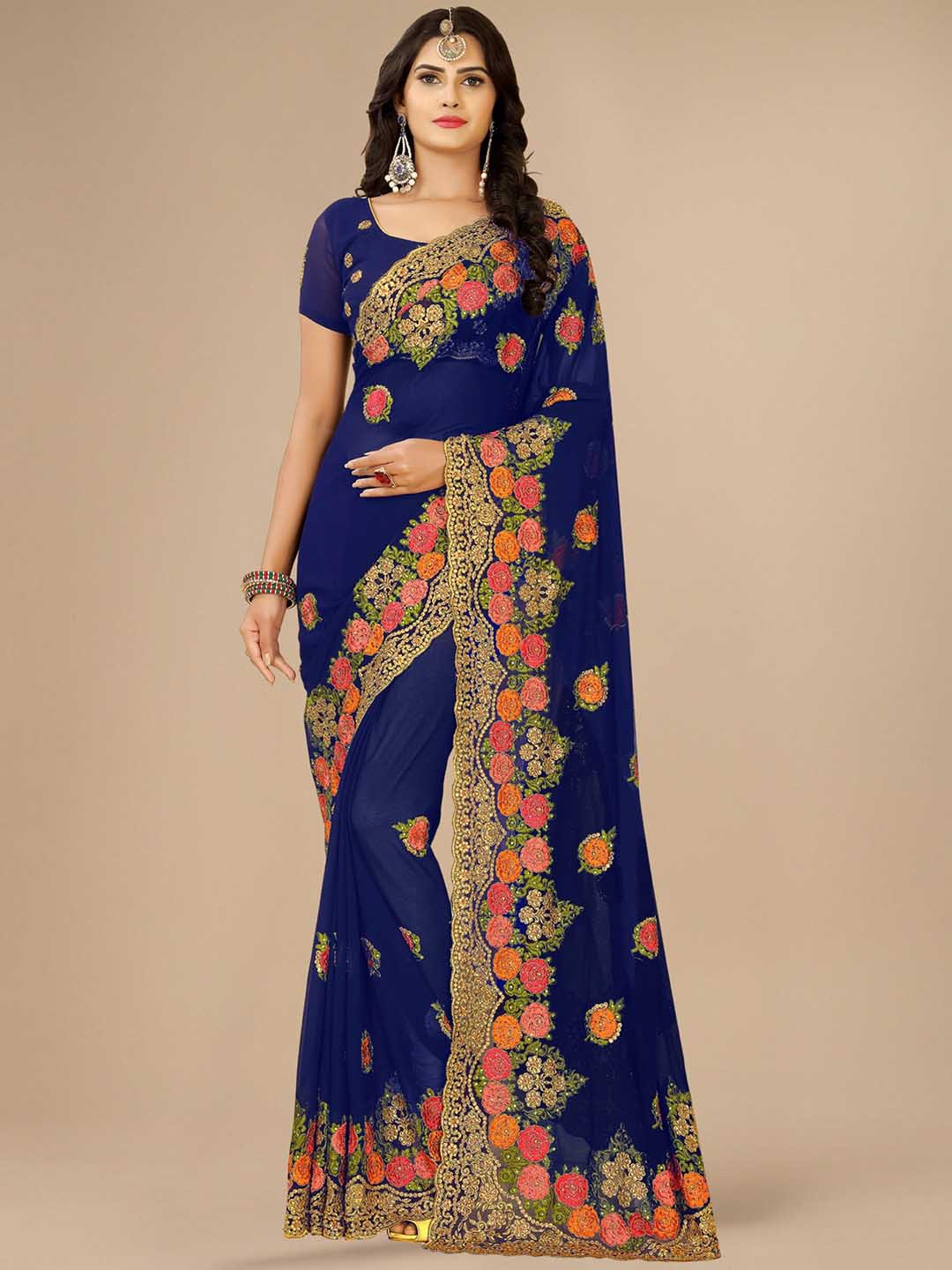 Kalini Floral Embroidered Pure Georgette Saree - Distacart