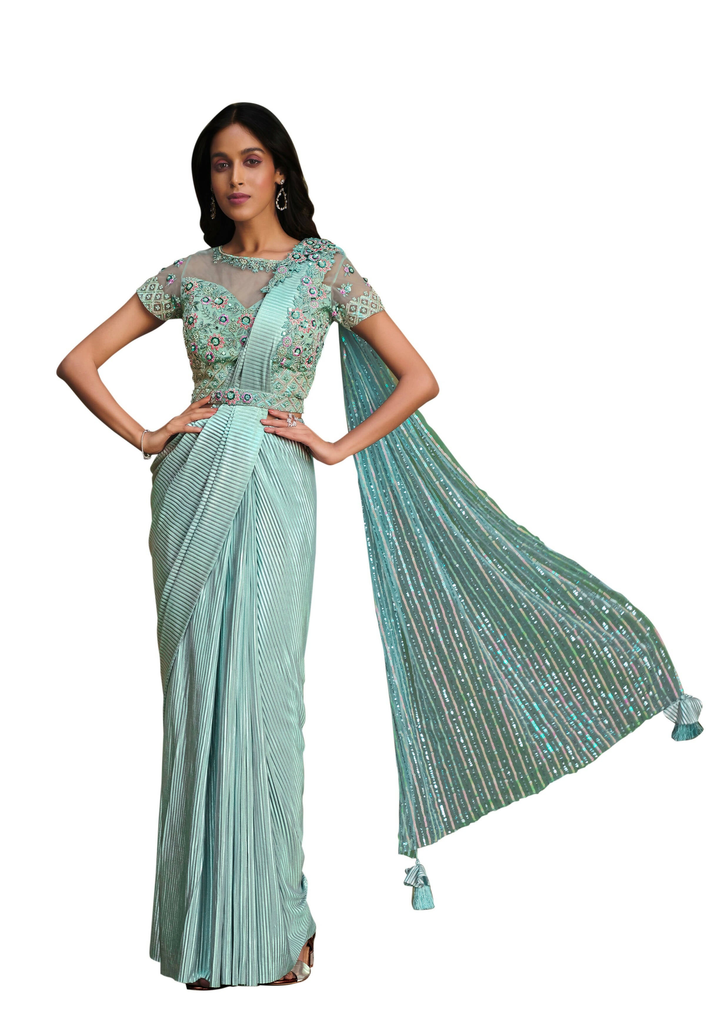 Sky Blue Fancy Crystal Crepe Sequence Embroidered Saree With Stitched Blouse - Mohmanthan La Belle - Distacart