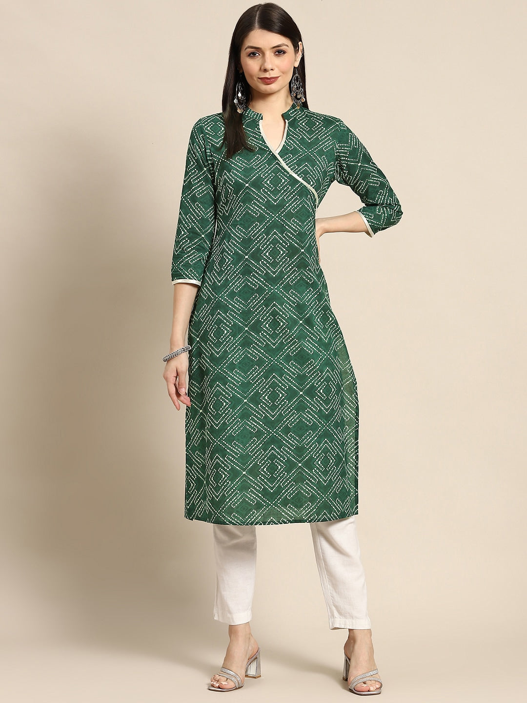 Anayna Women Green & White Bandhani Printed Pure Cotton Gotta Patti Kurta - Distacart