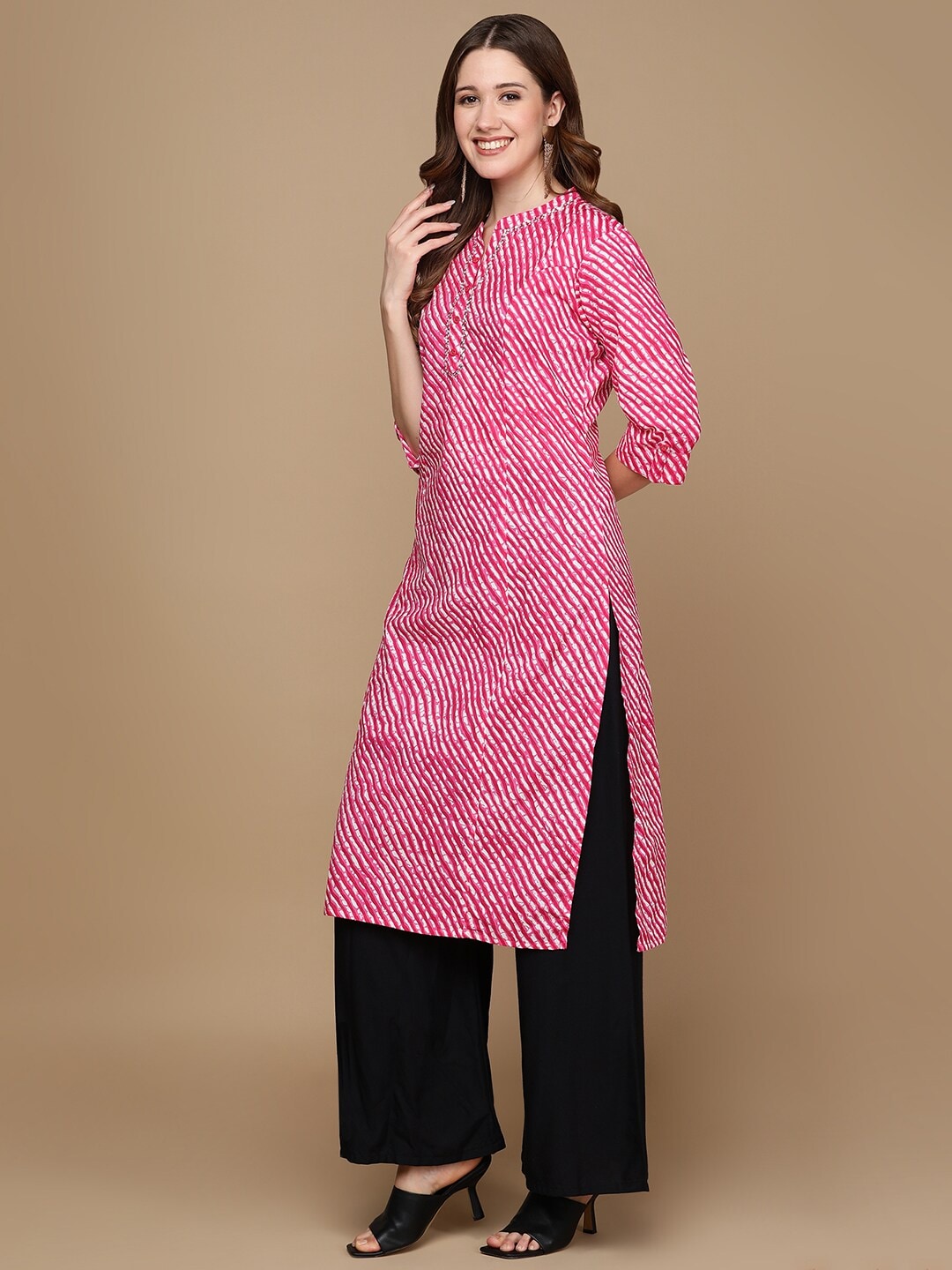 HERE&NOW Pink & White Striped Sequined Straight Cotton Kurta - Distacart