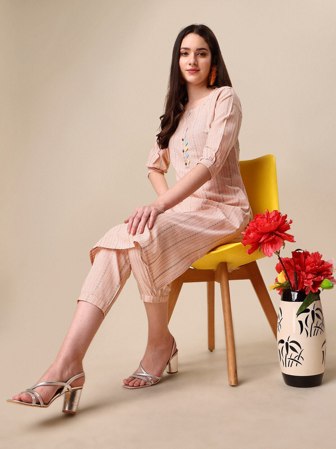 Kalini Women Woven Striped Thread Work Kurta with Trousers - Distacart