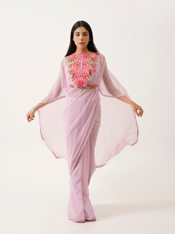 Tikhi Imli Lavender & Pink Floral Embroidered Belted Saree - Distacart