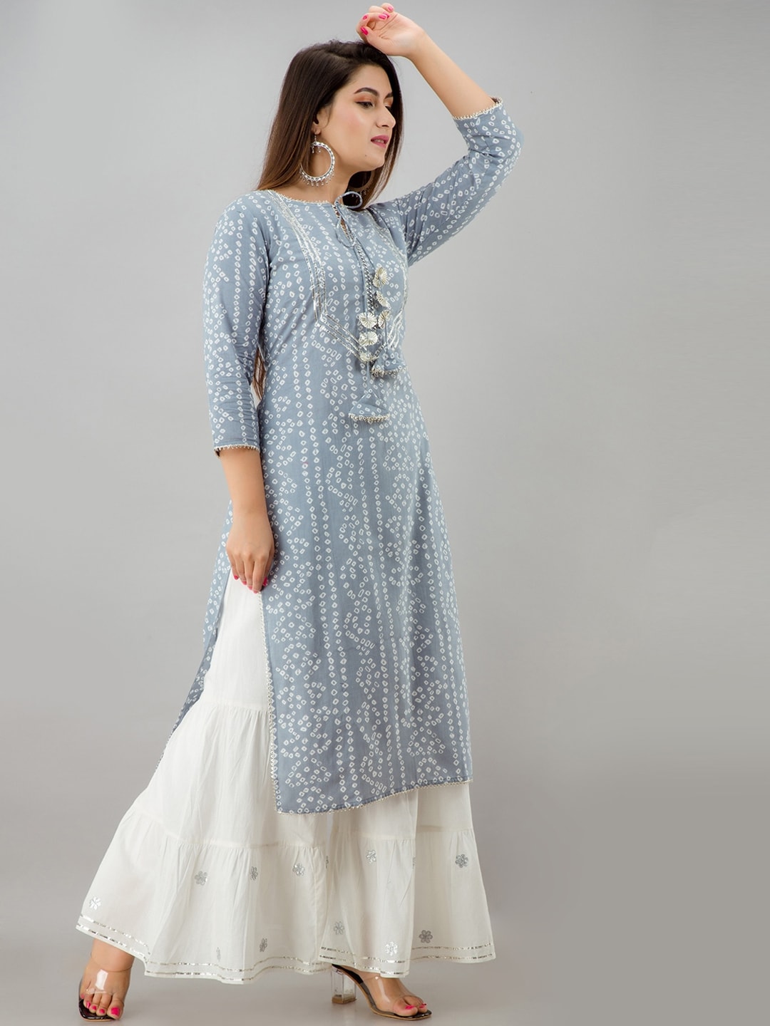 HERE&NOW Grey Bandhani Printed Gotta Patti Kurta with Sharara - Distacart