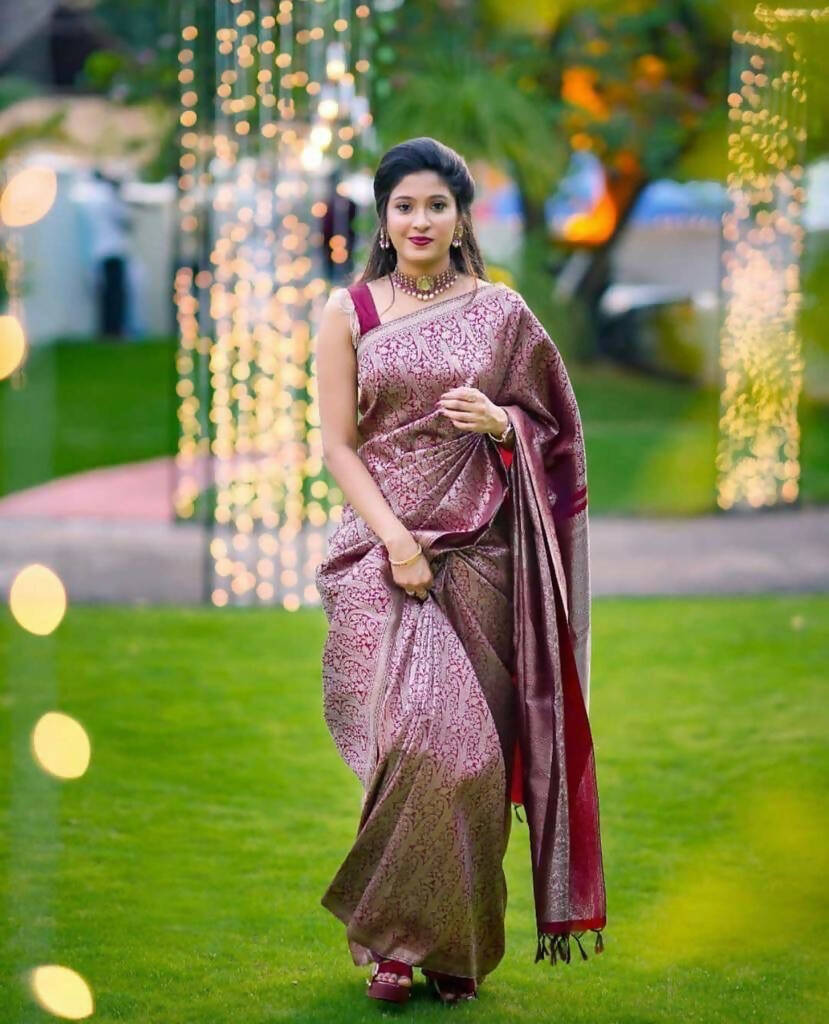 DEIANA'S Beautiful Golden Jari with New Design Soft Lichi Silk Saree - Wine - Distacart