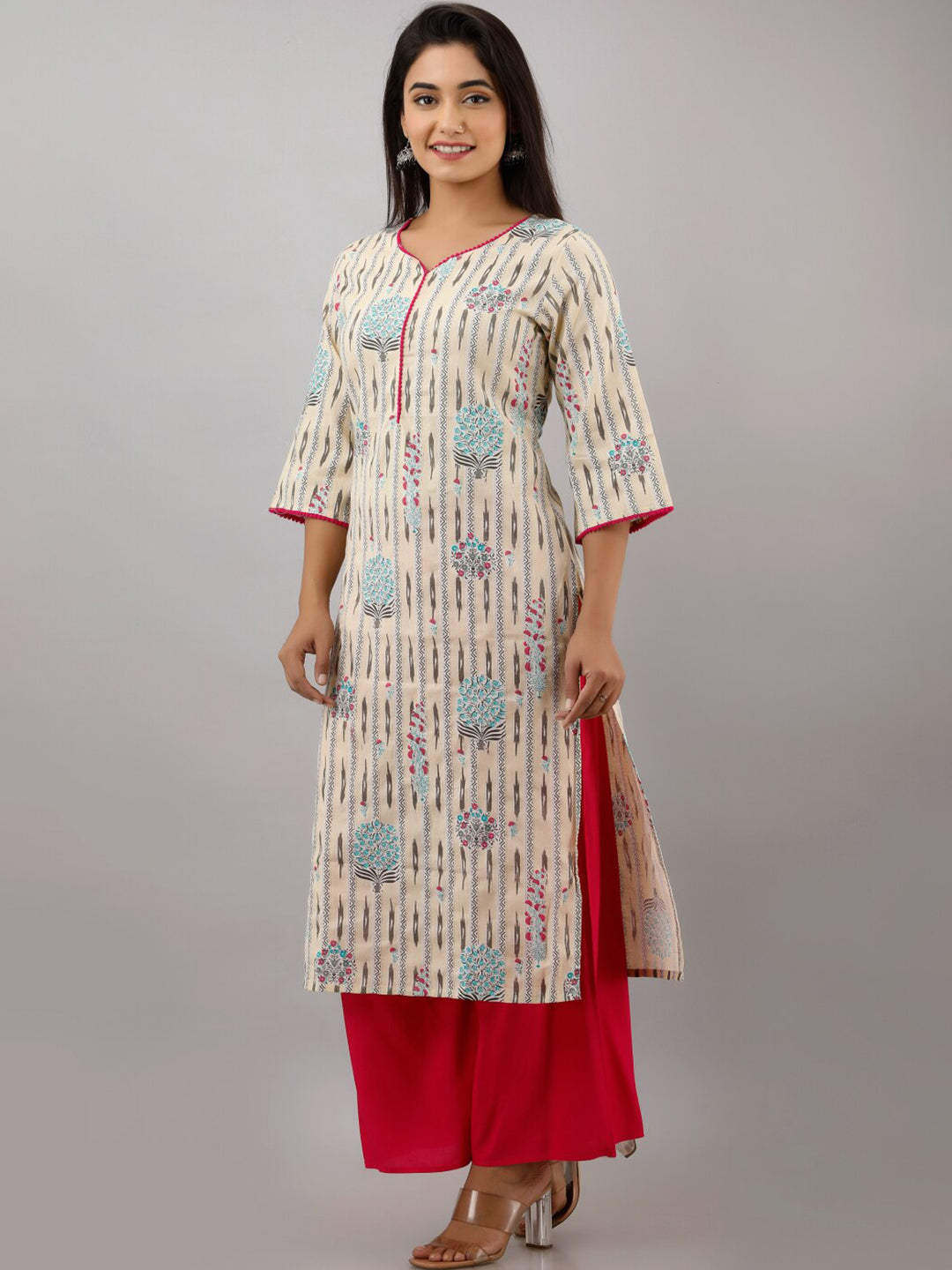 Kalini Women Beige & Blue Ikat Printed Cotton Straight Kurta - Distacart
