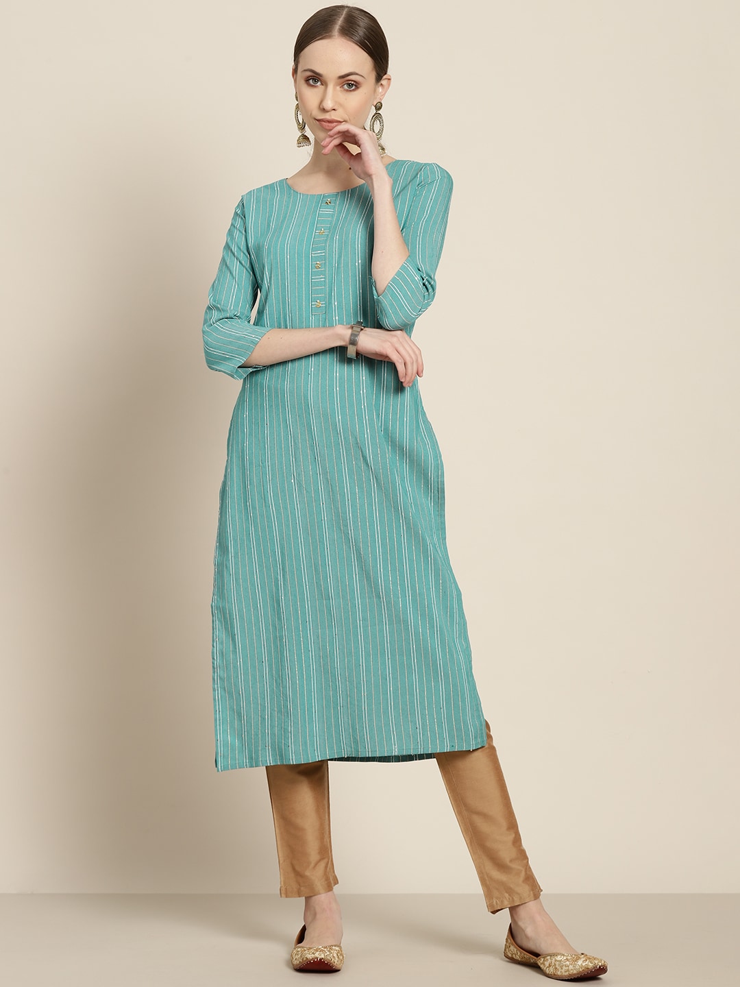 Sangria Women Sea Green & White Striped Sequin Detail Kurta - Distacart