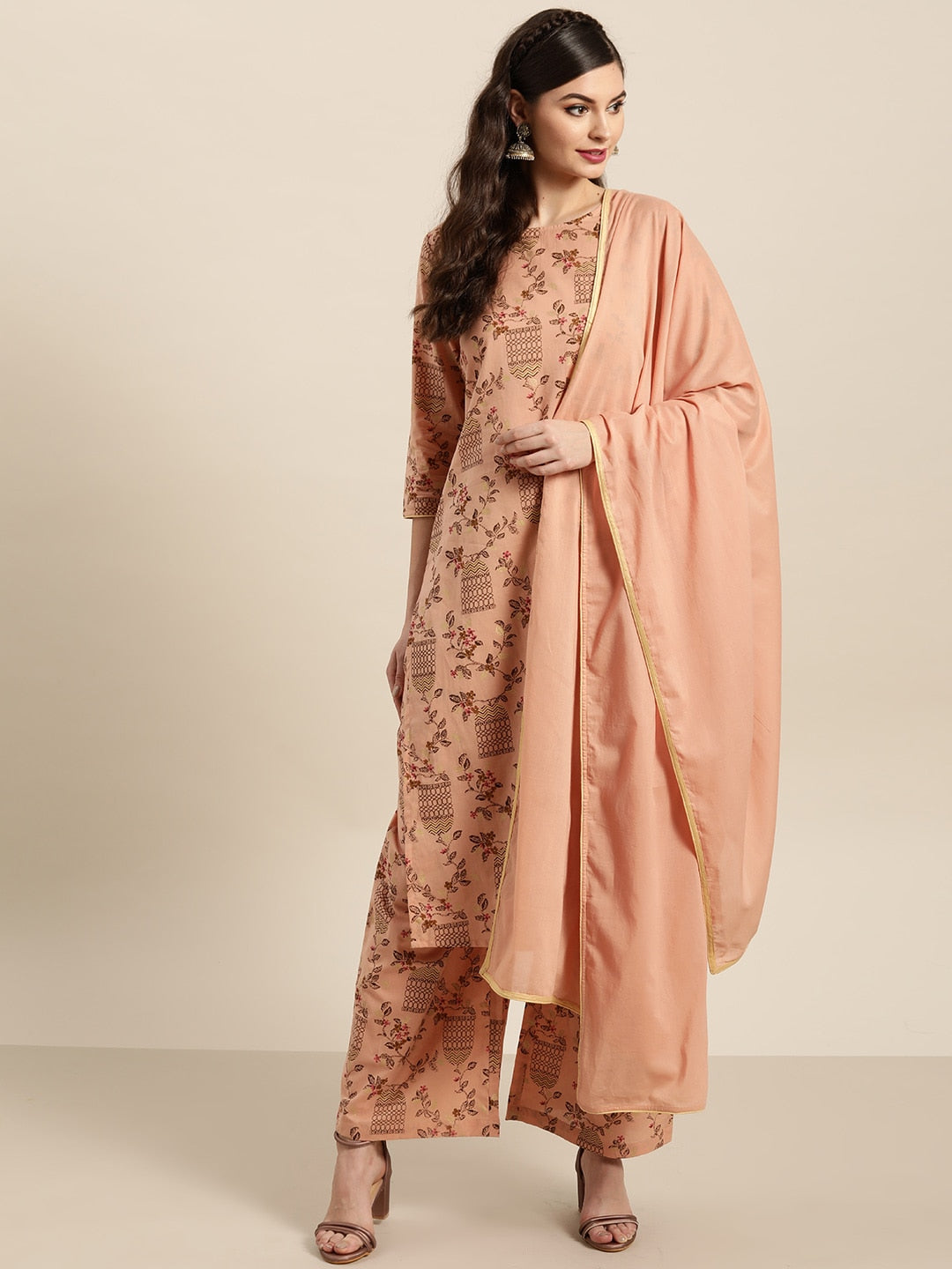 Sangria Women Dusty Pink & Brown Pure Cotton Printed Kurta with Palazzos & Dupatta - Distacart