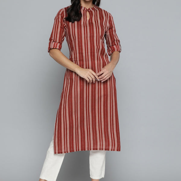 HERE&NOW Women Rust Red & Off-White Pure Cotton Striped Keyhole Neck Straight Kurta - Distacart