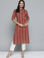 Thumbnail for HERE&NOW Women Rust Red & Off-White Pure Cotton Striped Keyhole Neck Straight Kurta - Distacart