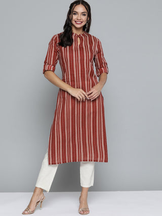 HERE&NOW Women Rust Red & Off-White Pure Cotton Striped Keyhole Neck Straight Kurta - Distacart