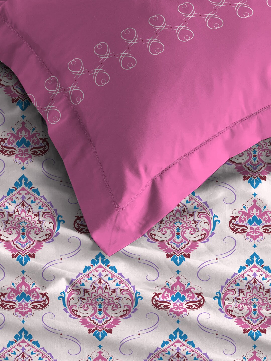 MYTRIDENT Moments Pink White Ethnic Pure Cotton 120 TC Queen Bedsheet Pillow Covers - Distacart