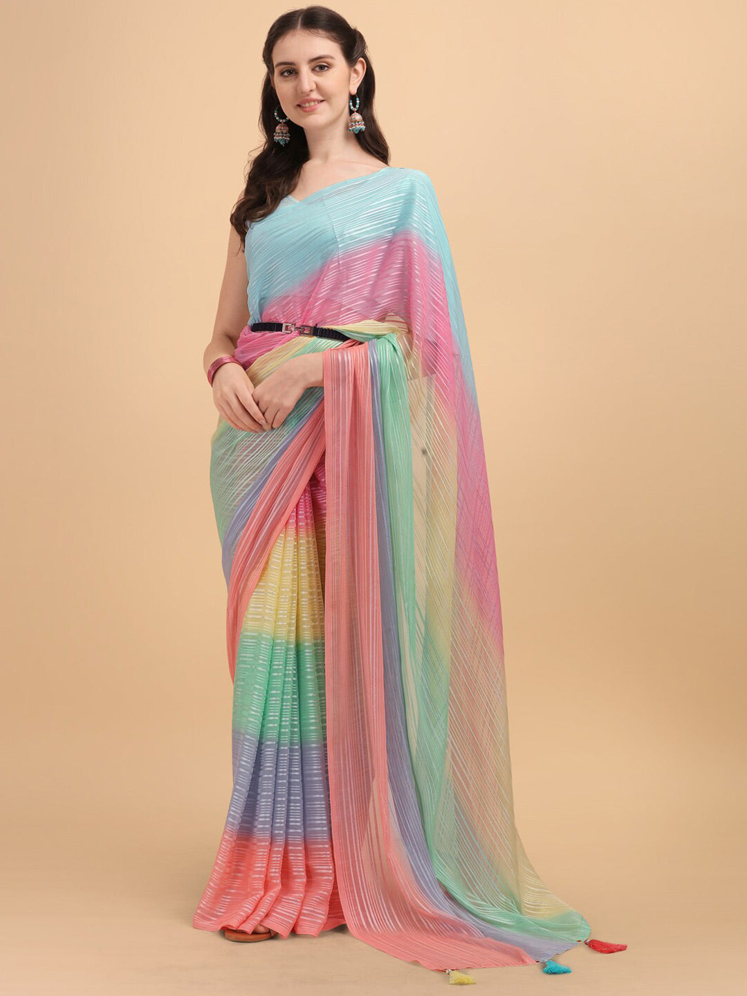Sangria Blue & Pink Georgette Striped Zari Work Saree - Distacart