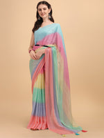 Thumbnail for Sangria Blue & Pink Georgette Striped Zari Work Saree - Distacart