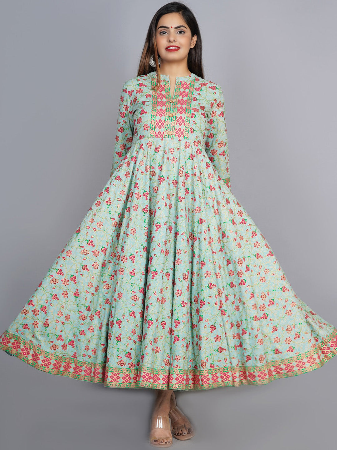 Kalini Women Sea Green & Pink Floral Printed Anarkali Kurta - Distacart