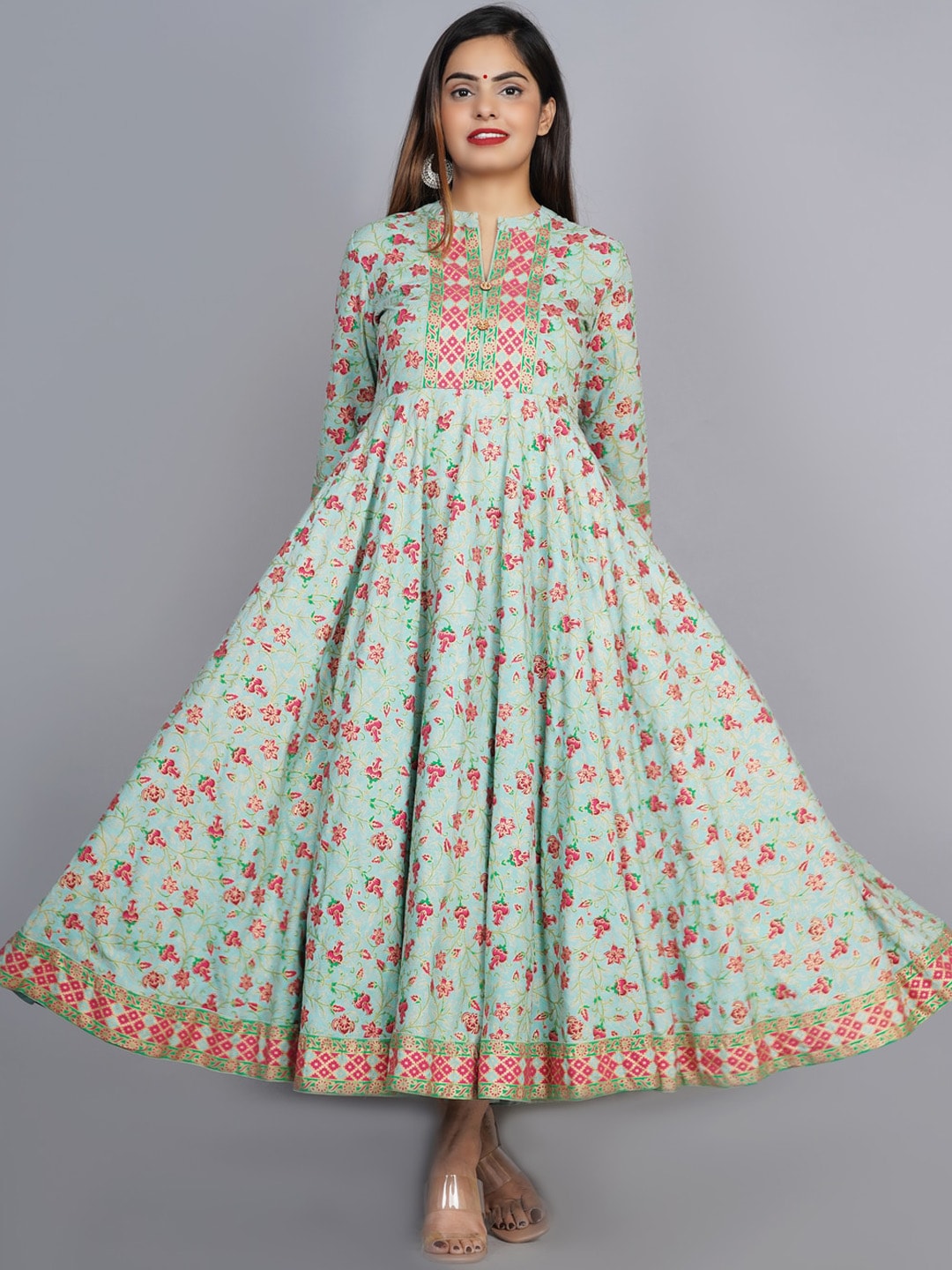 Kalini Women Sea Green & Pink Floral Printed Anarkali Kurta - Distacart