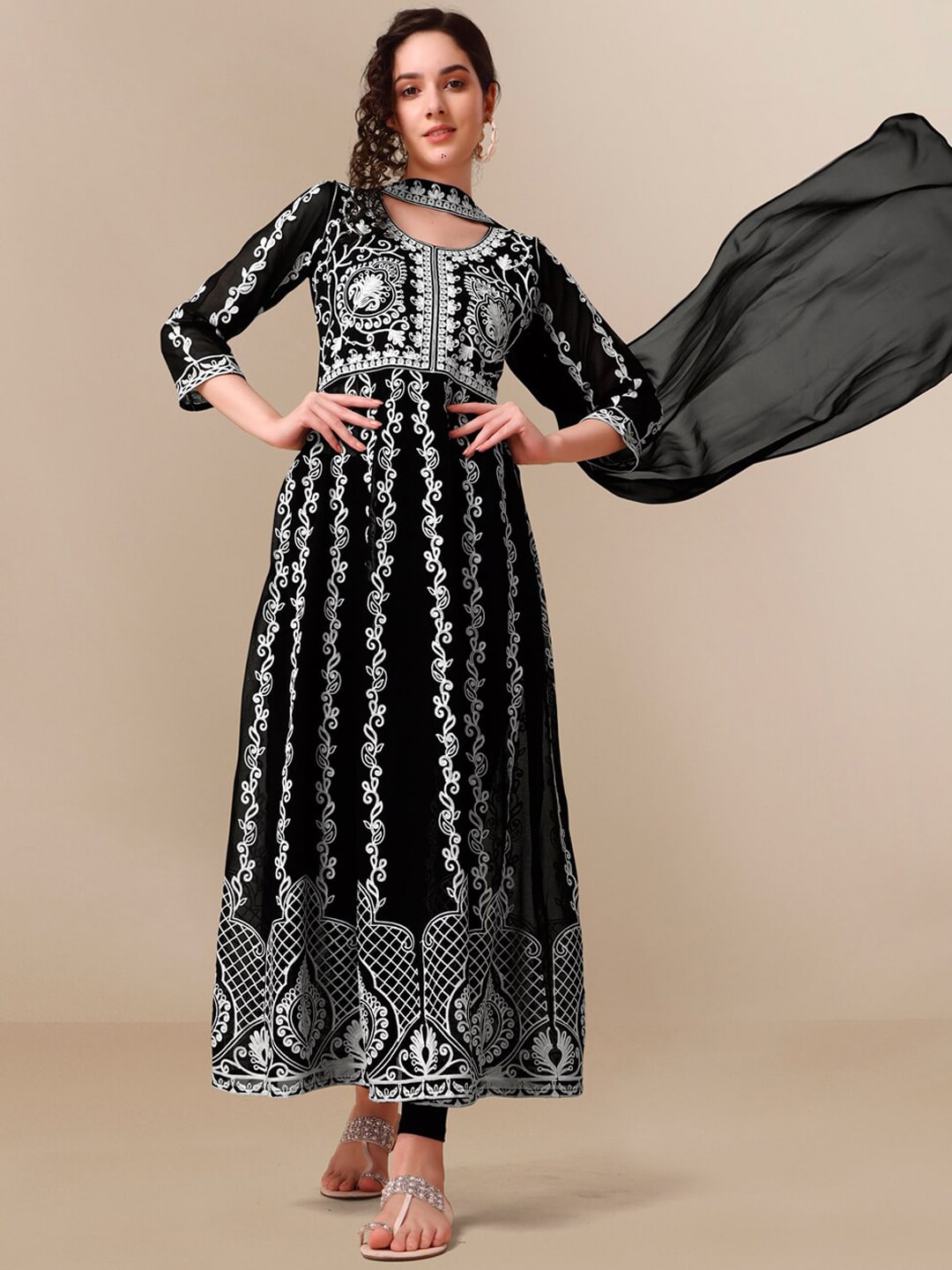 HERE&NOW Black Lucknowi Chikankari Embroidered Georgette Anarkali Kurta with Dupatta - Distacart
