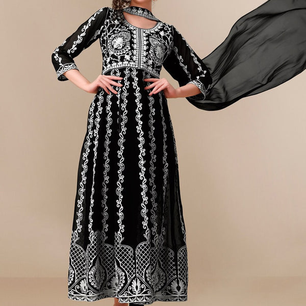 HERE&NOW Black Lucknowi Chikankari Embroidered Georgette Anarkali Kurta with Dupatta - Distacart