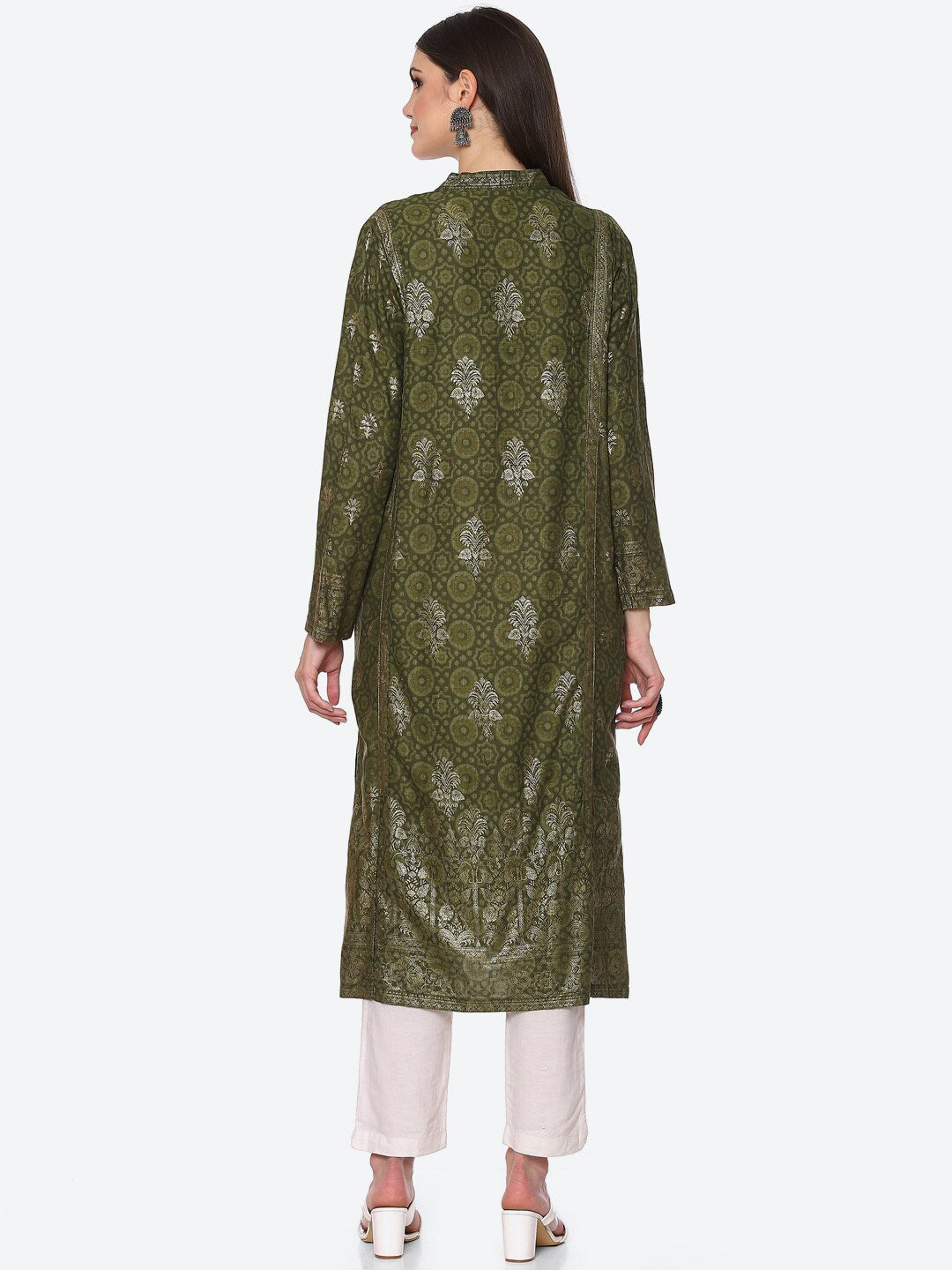 Biba Women Olive Green Geometric Printed Kurta - Distacart