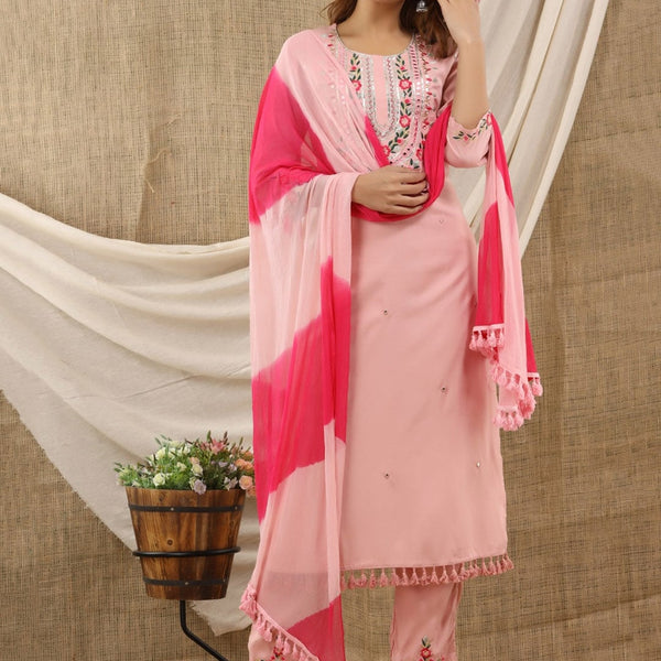 Kalini Women Peach-Coloured Embroidered Thread Work Kurti with Trousers & With Dupatta - Distacart