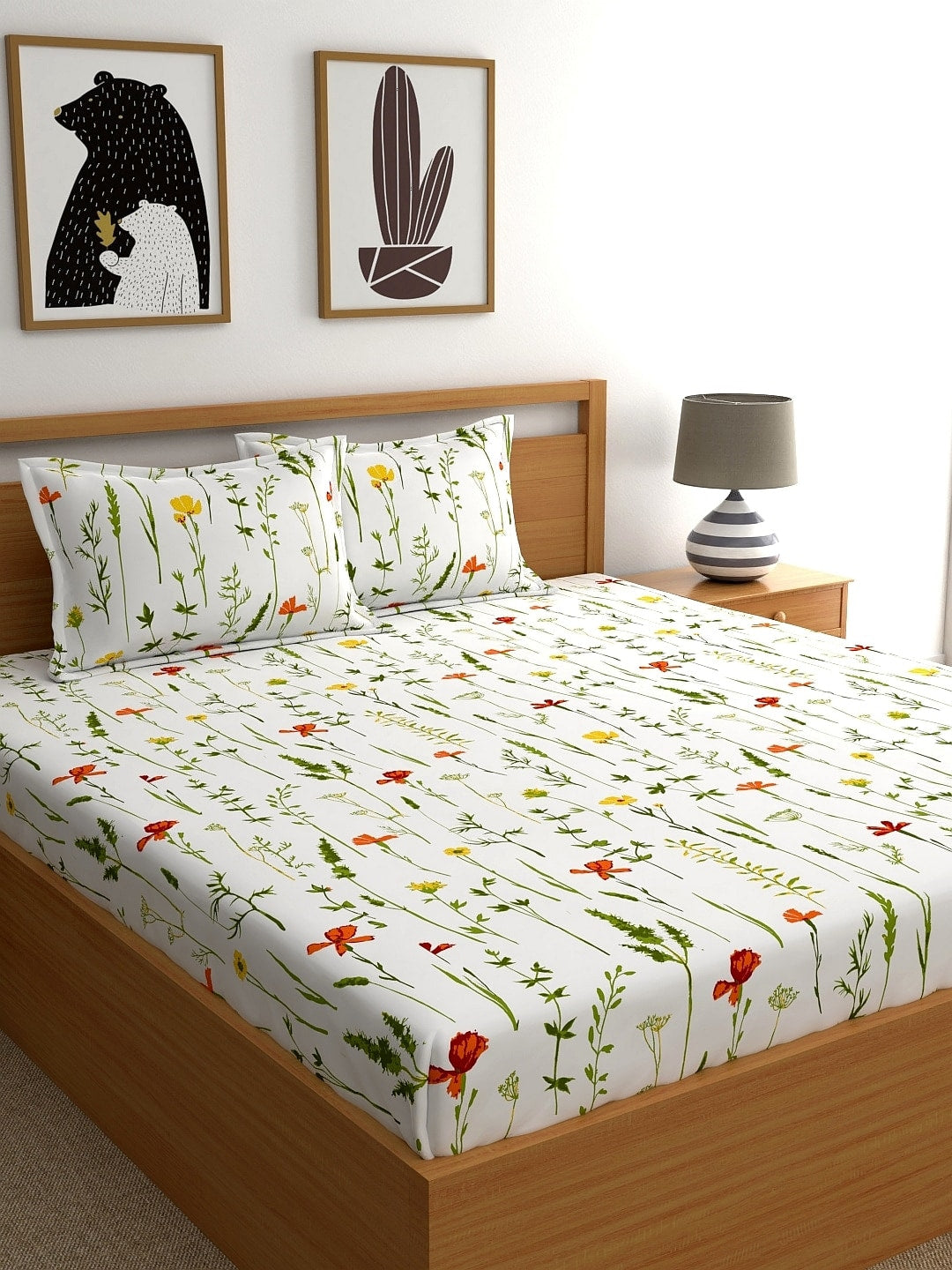 Home Ecstasy White & Green Printed 140 TC Cotton Double Queen Bedsheet With 2 Pillow Covers - Distacart