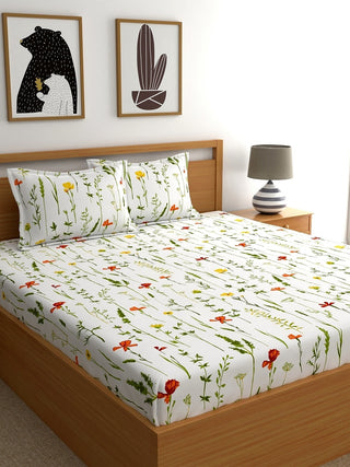 Home Ecstasy White & Green Printed 140 TC Cotton Double Queen Bedsheet With 2 Pillow Covers - Distacart