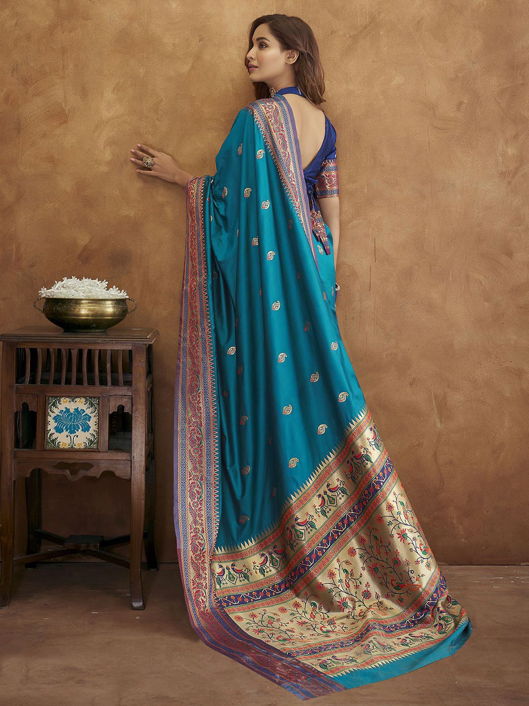Mitera Blue & Red Woven Design Zari Silk Blend Paithani Saree - Distacart