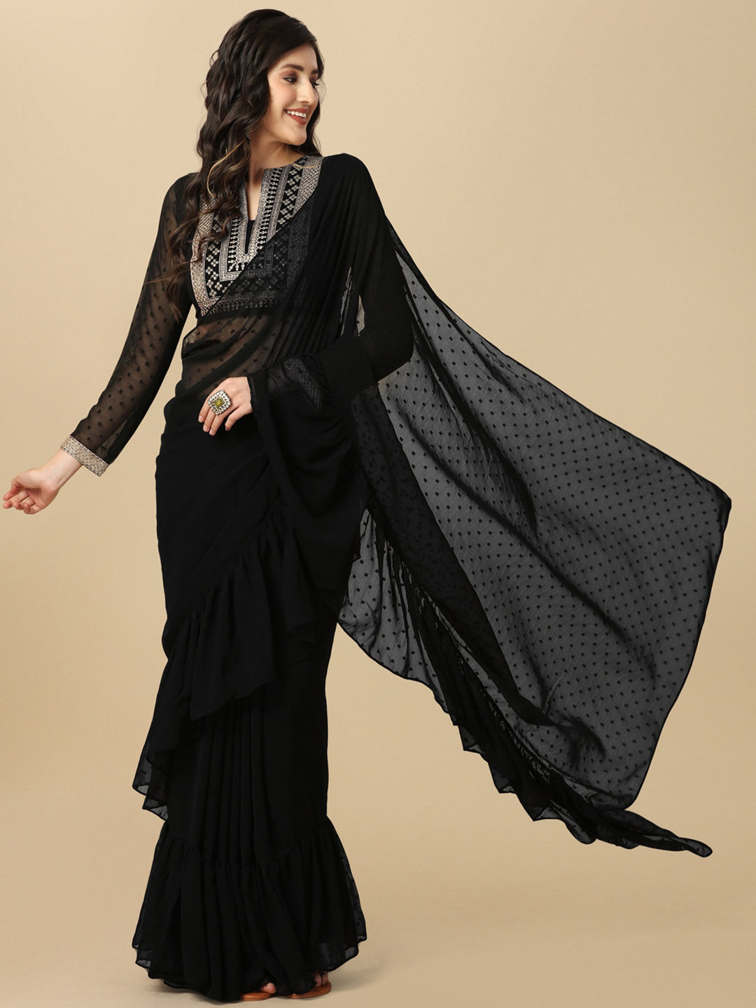 Sangria Black Geometric Woven Design Saree - Distacart
