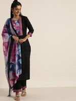 Thumbnail for Sangria Women Black Floral Yoke Design Regular Gotta Patti Kurta with Trousers & Dupatta - Distacart
