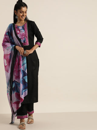 Sangria Women Black Floral Yoke Design Regular Gotta Patti Kurta with Trousers & Dupatta - Distacart