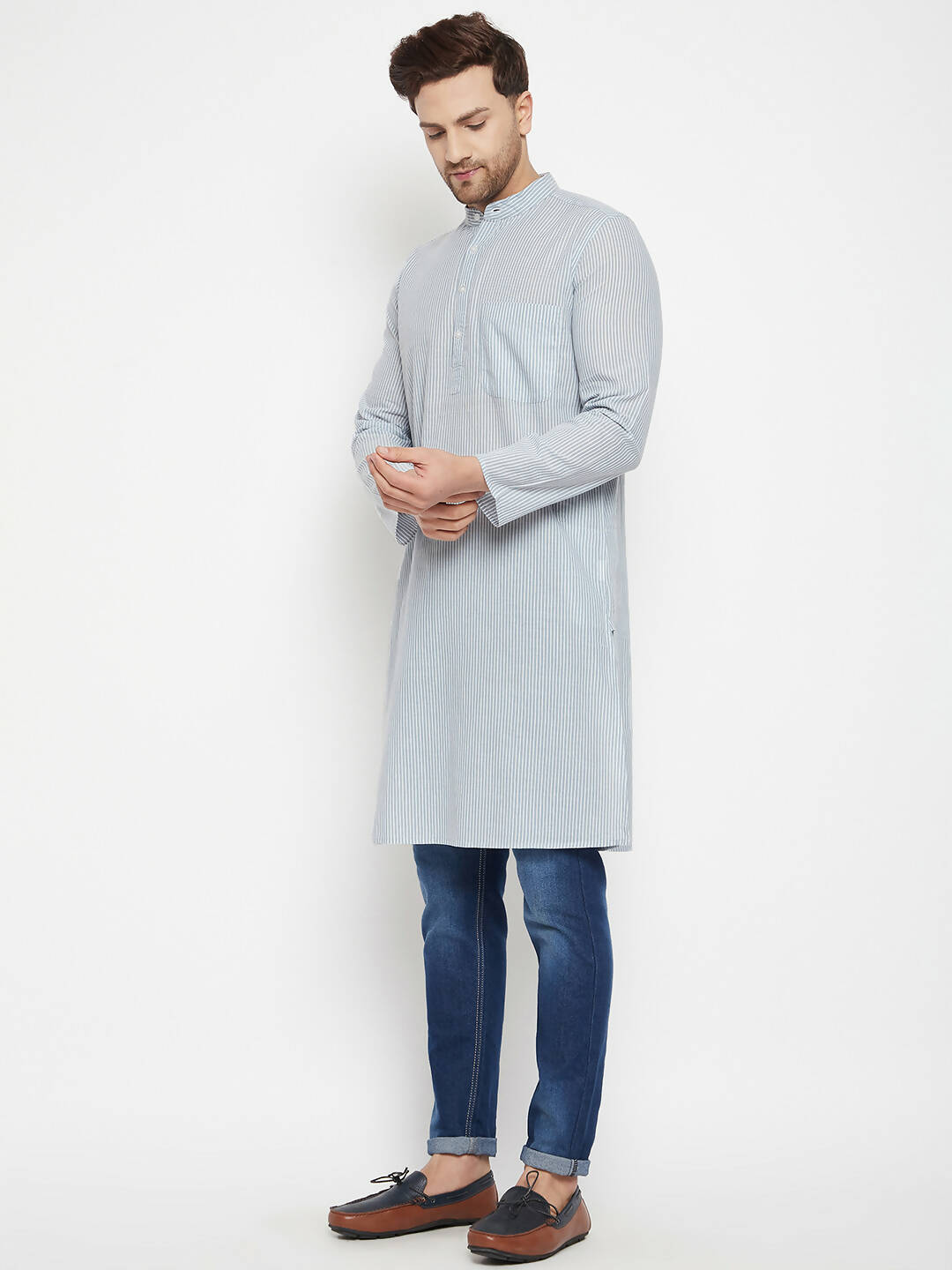 Even Apparels Grey Pure Cotton Men's Long Kurta With Band Collar - Distacart