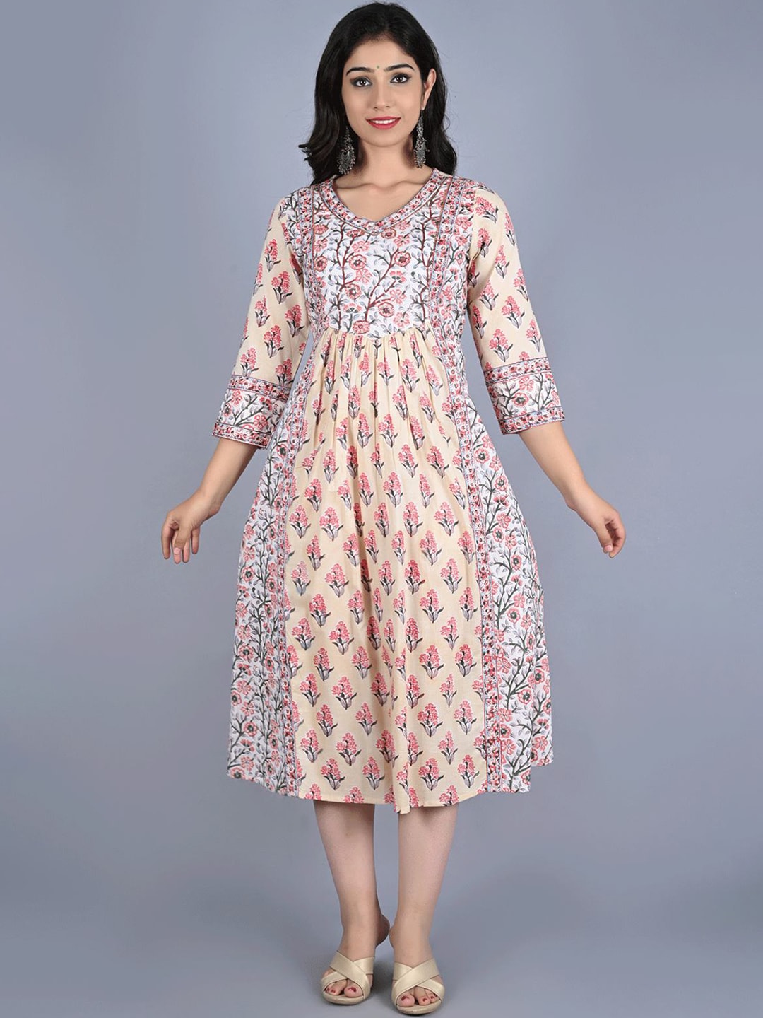 Kalini Women Beige Floral Printed Flared Sleeves Kurta - Distacart