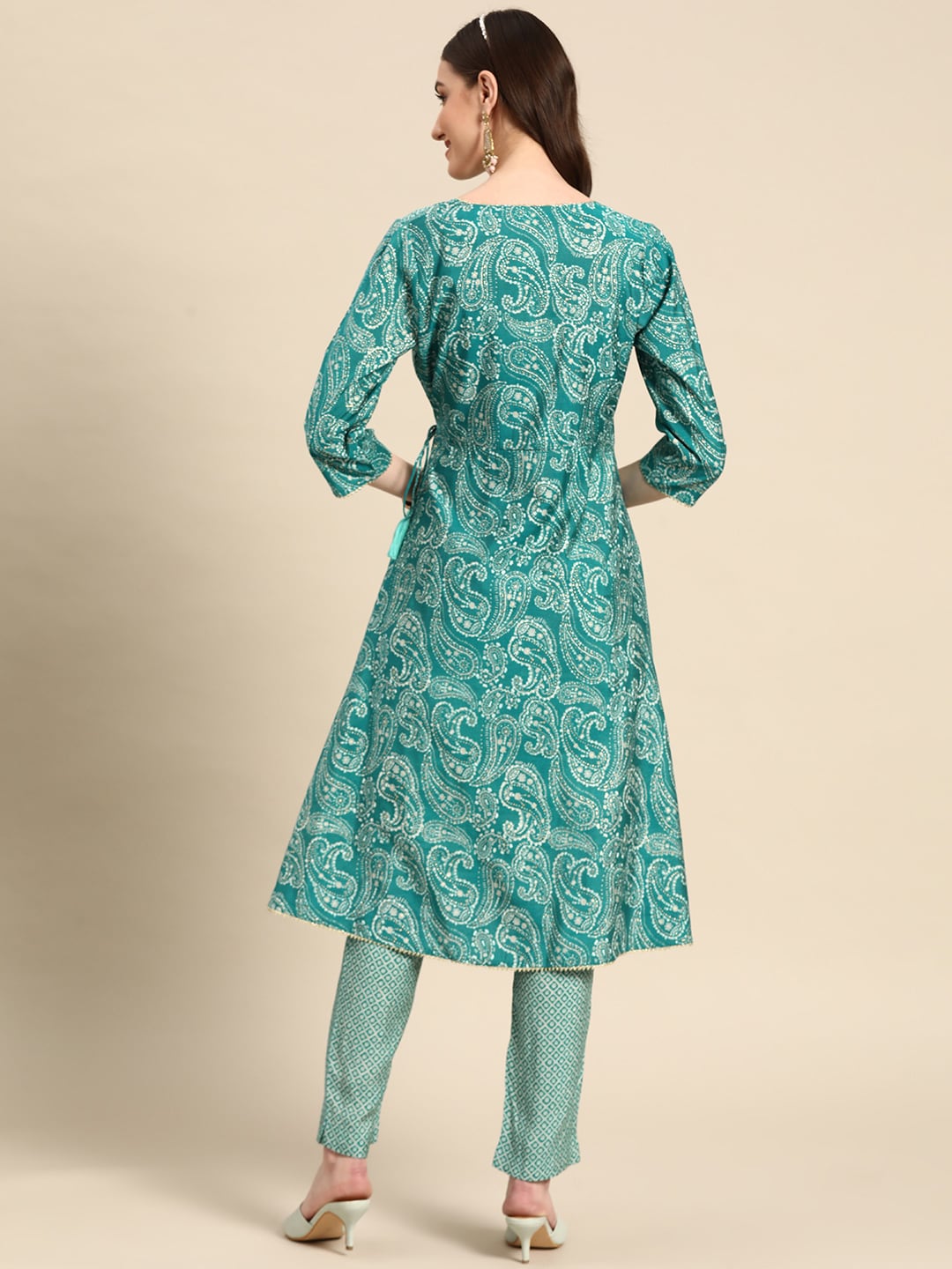 Sangria Women Turquoise Blue Paisley Printed Angrakha Gotta Patti Kurta with Trousers - Distacart