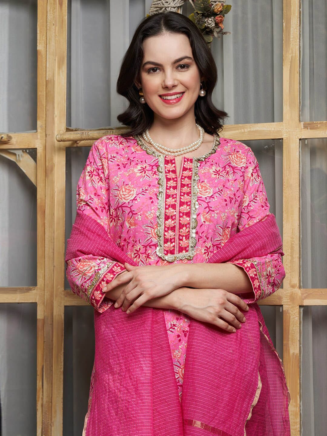 Sangria Pink Ethnic Motifs Printed Pure Cotton Kurta Set - Distacart
