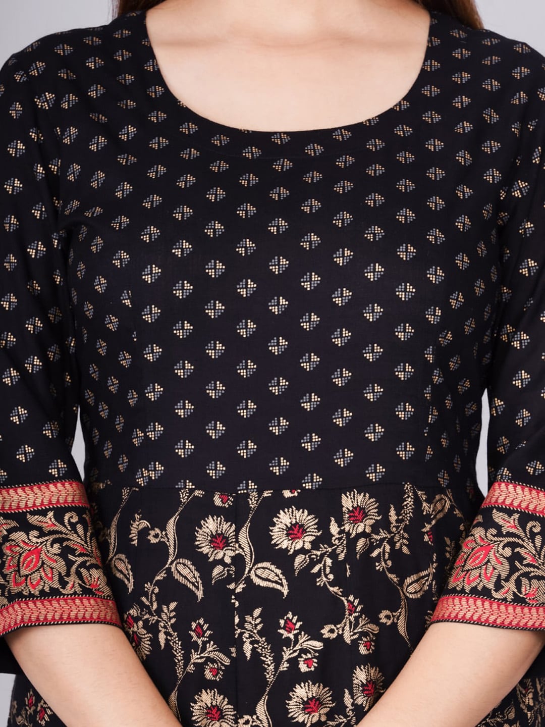 Kalini Women Black & Red Ethnic Motifs Printed Round Neck Cotton Anarkali Kurta - Distacart