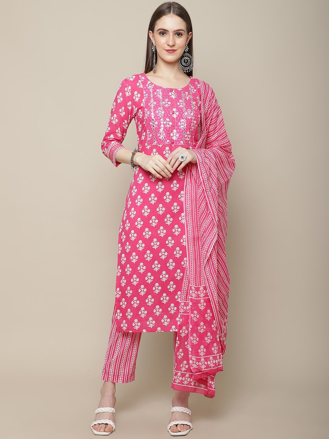 Sangria Women Floral Printed Mirror Work Pure Cotton Kurti with Trousers & Dupatta - Distacart