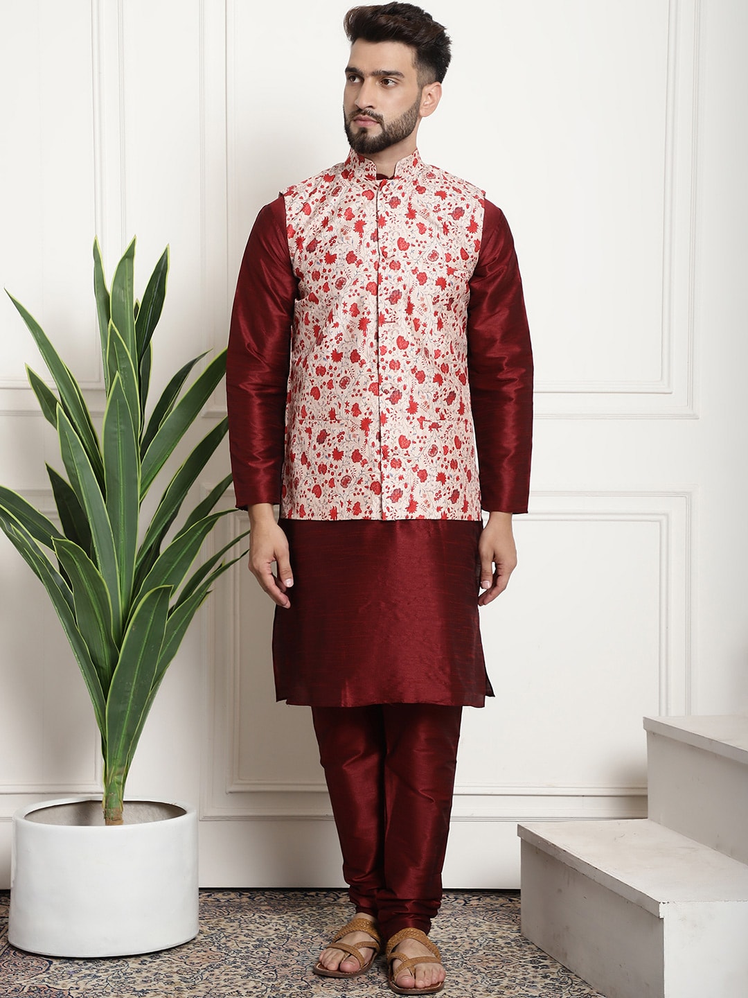 Sojanya Men Maroon & Beige Solid Kurta with Churidar & Printed Nehru Jacket - Distacart