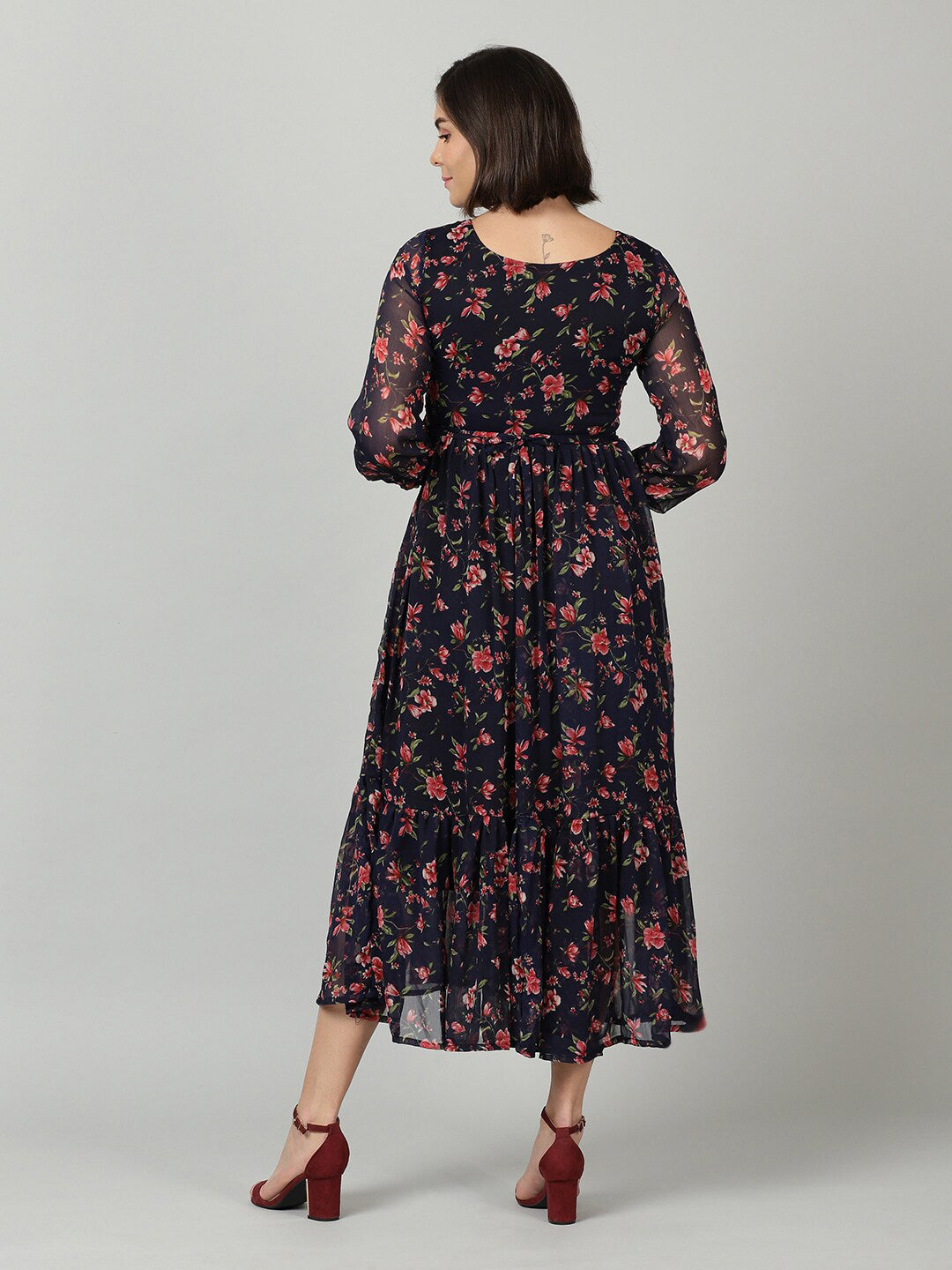Souchii Women Navy Blue & Red Floral Chiffon A-Line Tiered Dress - Distacart