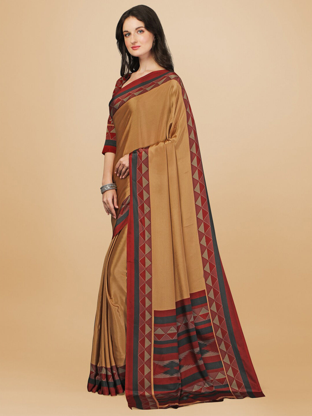 Sangria Beige & Red Pure Crepe Saree - Distacart
